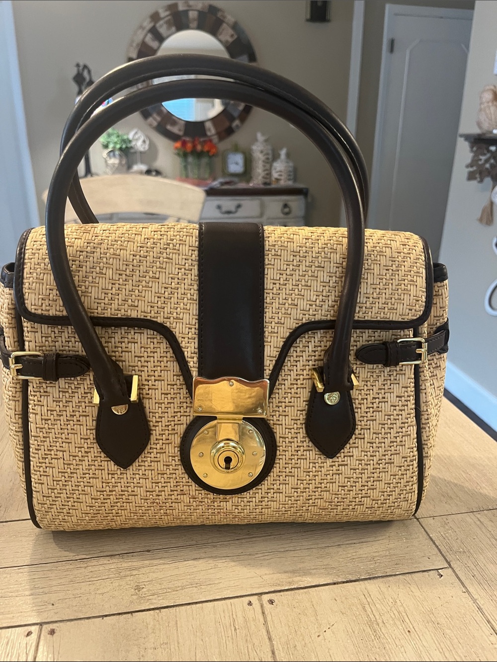 Brooks Brothers Beige Woven Satchel with Dark Brown Trim